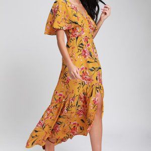 Lulu's Mustard Yellow Floral Print High Low Dress